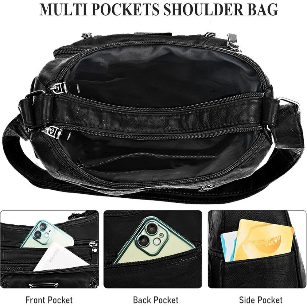 Women's Black Soft Pu Leather Multi-pocket Shoulder Bag Medium Cross-body Purse - Picture 4 of 8